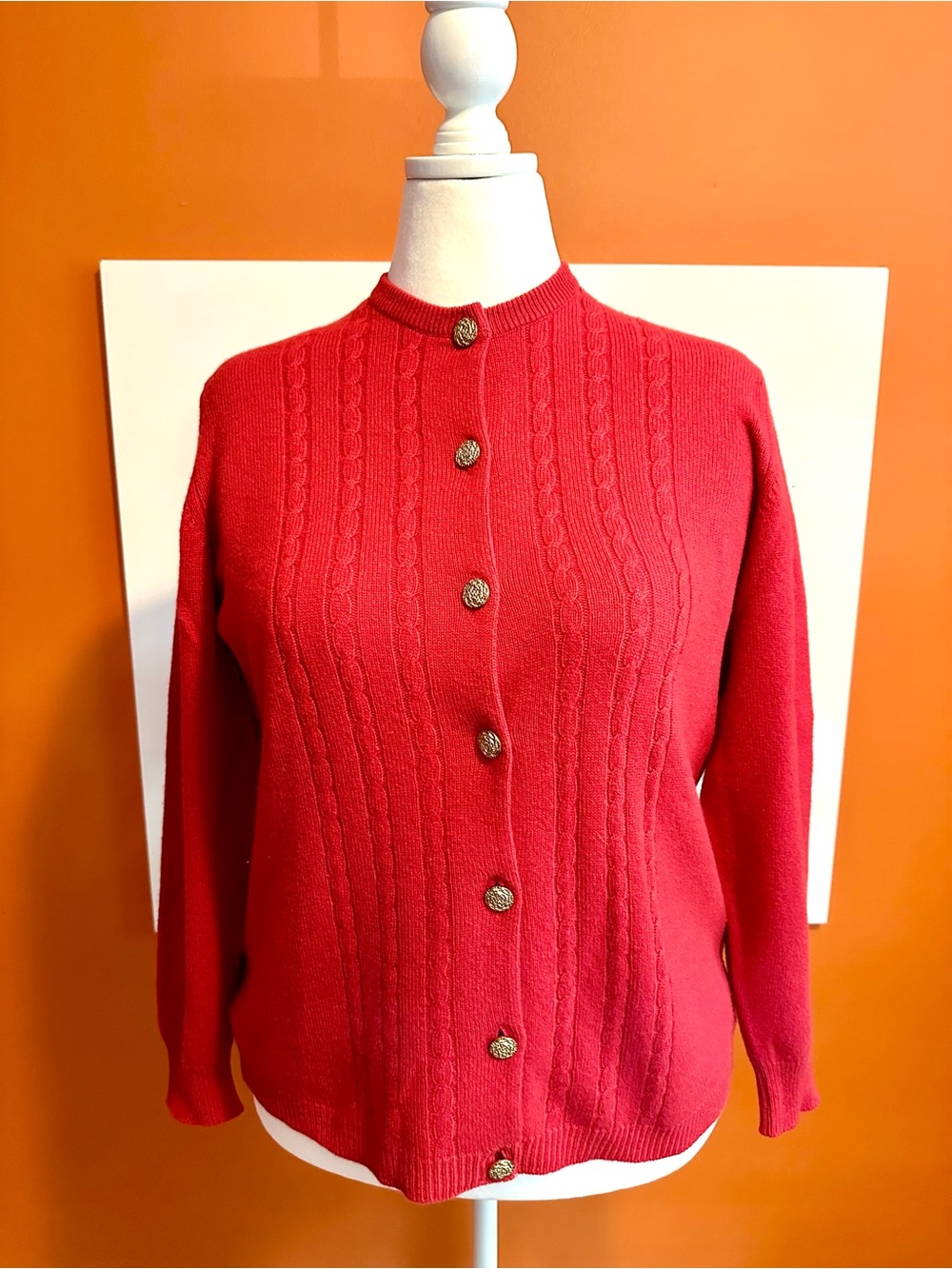 Kinross 100% Cashmere Red Cable Knit Button Cardigan Scotland Size 42